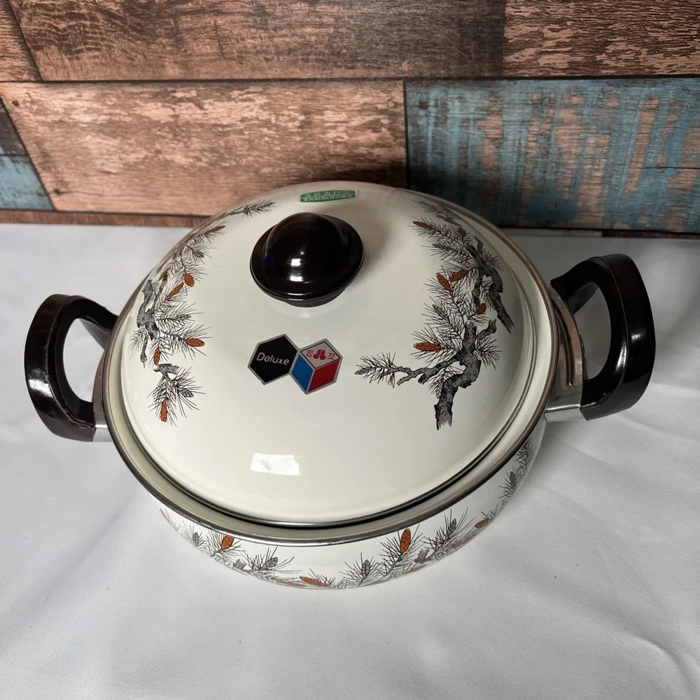 Vintage Enamel Cooking Bean Pots‎ With Lids Douglas Fir Pine Cone Design